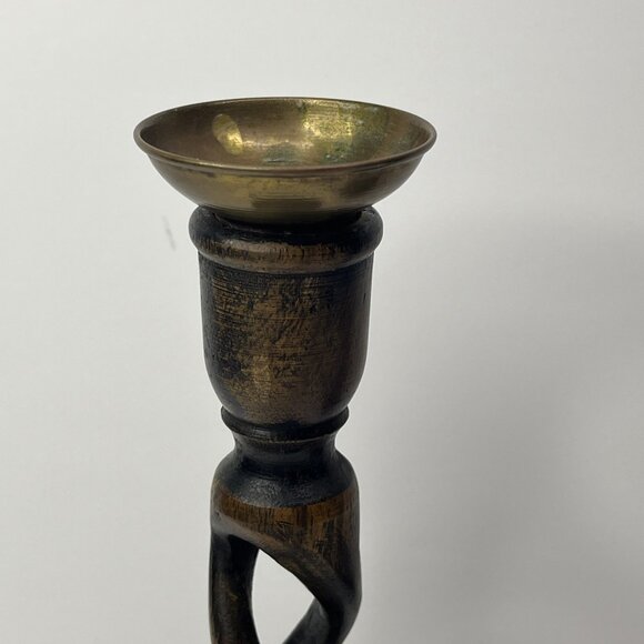 Candle Holders Antique English Oak Barley Twist Candlestick Brass Insert 8.5” - Picture 5 of 16